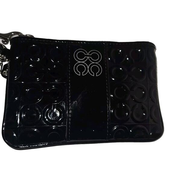 Coach Wristlet Patent Leather Signature Black Monogram Zip Pouch Bag Strap Tag - Picture 1 of 6